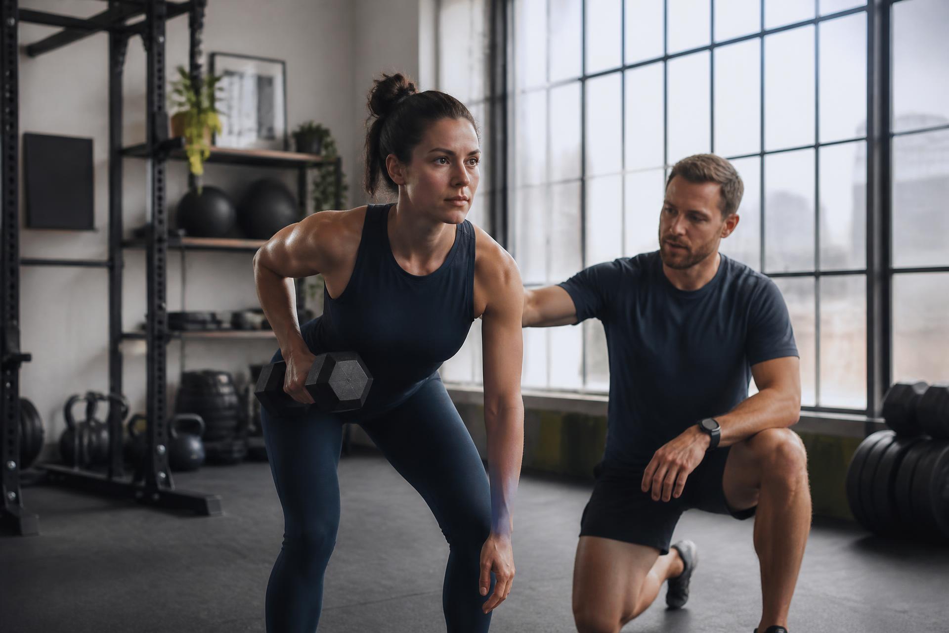 Personal trainer coaching a client through a dumbbell exercise in a bright Ottawa studio